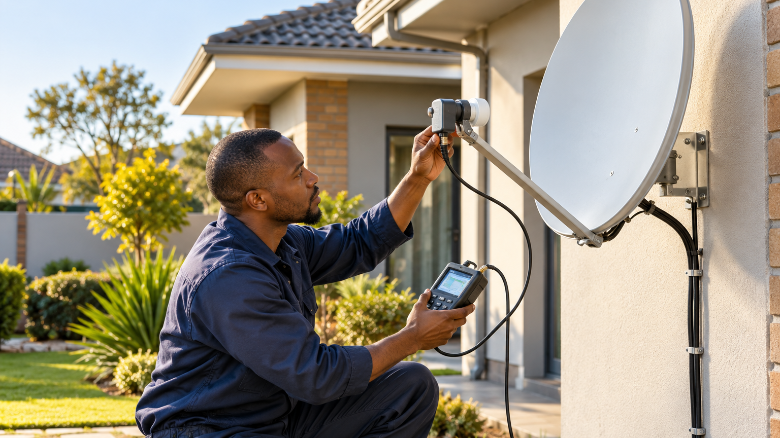 Technician aligning an unbranded satellite dish at a Gauteng home