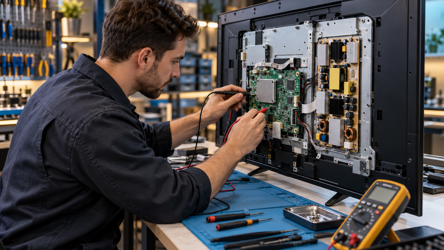 Technician carefully diagnosing television electronics with testing equipment